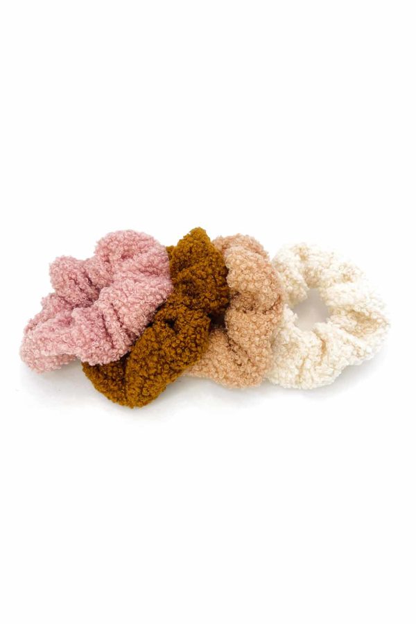 Teddy stof scrunchies bruin wit roze set 4